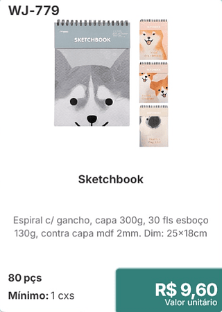 Sketchbook 80 pçs R$ 9.60