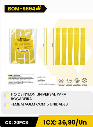 FIO DE NYLON UNIVERSAL PARA ROÇADEIRA -EMBALAGEM COM 5 UNIDADES CX: 20PCS 1CX: 36,90/Un