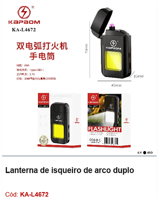 Lanterna de isqueiro de arco duplo R$ 6,75 PCS/cx: 480