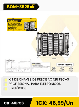 KIT DE CHAVES DE PRECISÃO 128 PEÇAS PROFISSIONAL PARA ELETRÔNICOS E RELÓGIOS CX: 40PCS 1CX: 46,99/Un