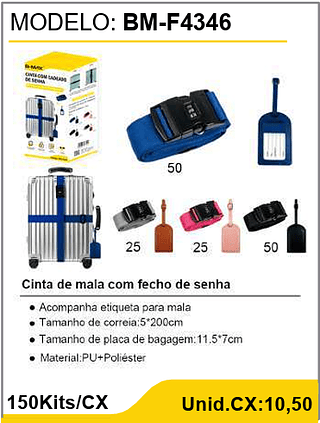 Cinta de mala com fecho de senha 150Kits/CX Unid.CX:10,50