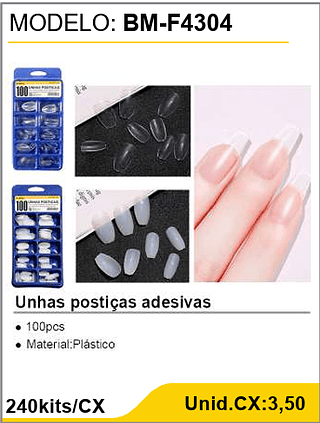 Unhas postiças adesivas 240kits/CX Unid.CX:3,50