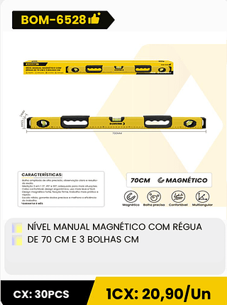 NÍVEL MANUAL MAGNÉTICO COM RÉGUA DE 70 CM E 3 BOLHAS CM CX: 30PCS 1CX: 20,90/Un