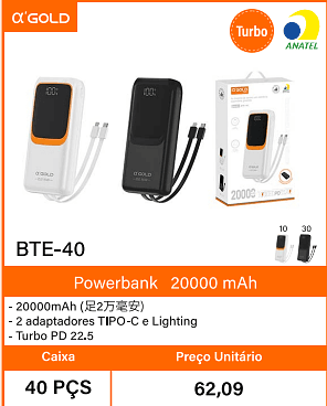 Powerbank20000 mAh Caixa 40 PCS Preco Unitario 62,09