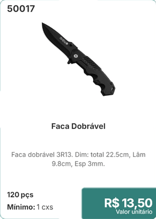 Faca Dobrável 120 pçs R$ 13 50