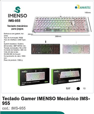 Teclado Gamer IMENSO Mecânico 10PC/CX R$117