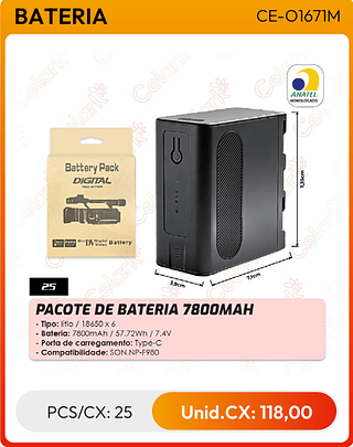 PACOTE DE BATERIA 7800MAH PCS/CX: 25 Unid.CX: 118,00
