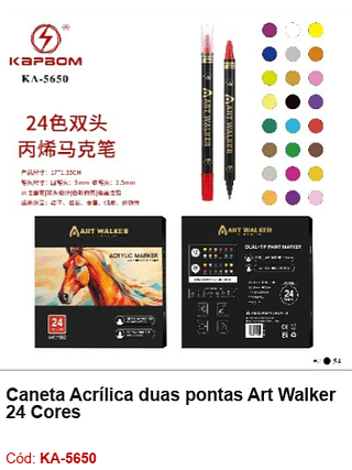 Caneta Acrílica duas pontas Art Walker 24 Cores R$ 27 PCS/cx: 54