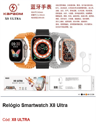 Relógio Smartwatch X8 Ultra R$70,2 PCS/CX:100