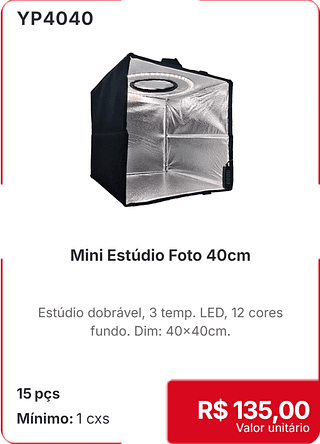 Mini Estúdio Foto 40cm 15 pçs R$ 135,00