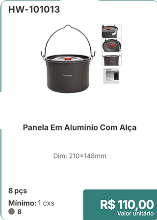 Panela Em Alumínio Com Alça 8 pçs R$ 110.00
