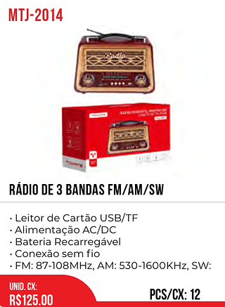 RÁDIO DE 3 BANDAS FM/AM/SW 12pç=125$