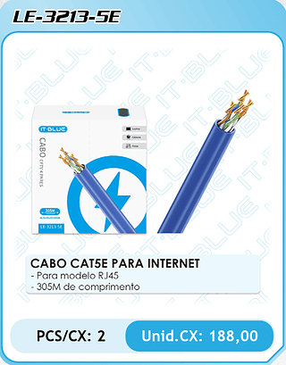 CABO CAT5E PARA INTERNET - Para modelo RJ45 - 305M de comprimento PCS/CX: 2 Unid.CX: 188,00