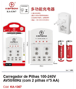 Carregador de Pilhas 100-240V AV50/60Hz (com 2 pilhas n°5 AA) R$ 18,9 PCs/cx: 100
