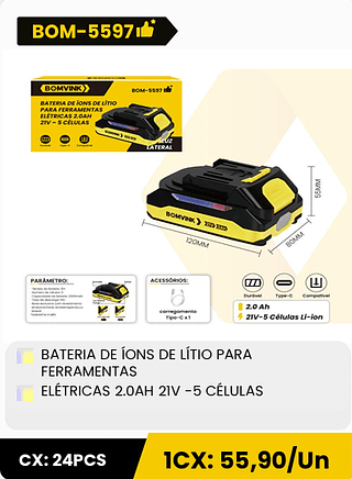 BATERIA DE ÍONS DE LÍTIO PARA FERRAMENTAS ELÉTRICAS 2.0AH 21V -5 CÉLULAS CX: 24PCS 1CX: 55,90/Un