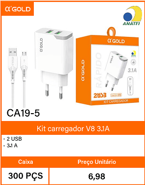 Kit carregador V8 3.1A - Caixa 300 PCS Preco Unitario 6,98
