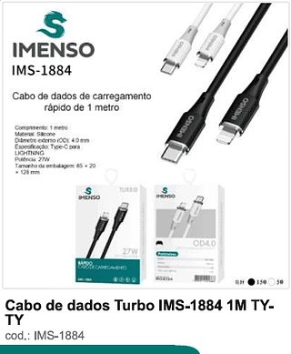 Cabo de dados Turbo IMS-1884 1M TY-TY 200PC/CX R$7,2