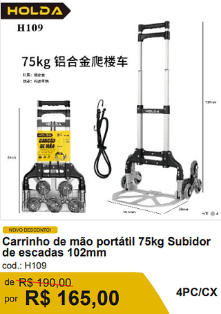 Carrinho de mão portátil 75kg Subidor de escadas 102mm R$ 148.50 4PC/CX