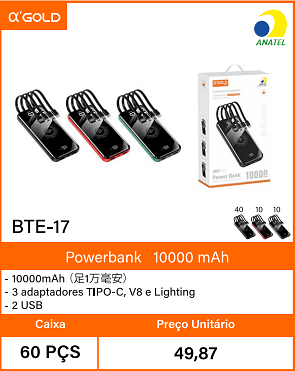 Powerbank10000 mAh Caixa 60 PCS Preco Unitario 49,87