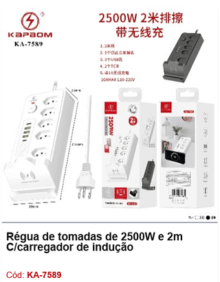 Régua de tomadas de 2500W e 2m C/carregador de indução R$ 43,2 PCS/CX: 60