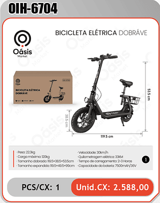 BICICLETA ELÉTRICA DOBRÁVEL PCS/CX: 1 Unid.CX: 2.588,00