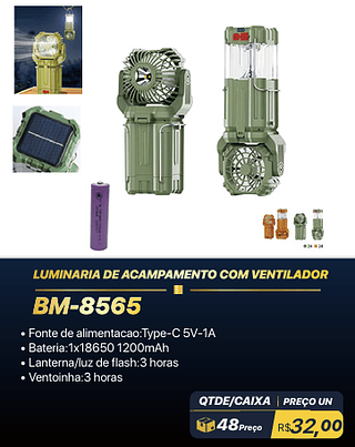 LUMINARIA DE ACAMPAMENTO COM VENTILADOR 48PÇS R$32,00