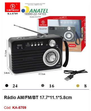 Rádio AM/FM/BT 17.7*11.1*5.8cm R$40,5 PCS/CX:48