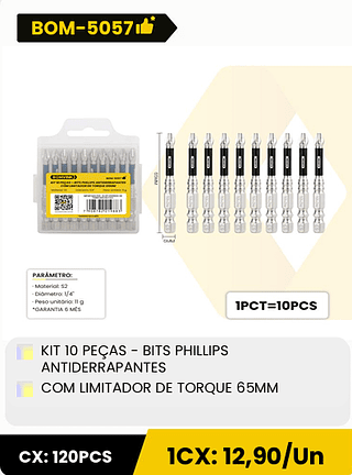 KIT 10 PEÇAS - BITS PHILLIPS ANTIDERRAPANTES COM LIMITADOR DE TORQUE 65MM CX: 120PCS 1CX: 12,90/Un