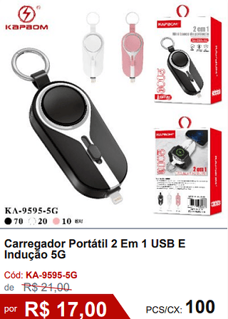 Carregador Portátil 2 Em 1 USB E Indução 5G R$ 15.30 PCS/CX: 100