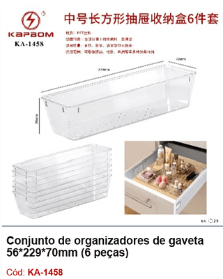 Conjunto de organizadores de gaveta 56*229*70mm (6 peças) R$ 21,6 PCS/Cx: 25