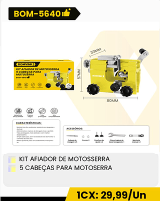 KIT AFIADOR DE MOTOSSERRA 5 CABEÇAS PARA MOTOSERRA CX: 80PCS 1CX: 29,99/Un