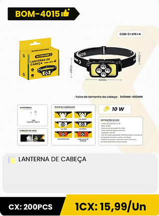 LANTERNA DE CABEÇA CX: 200PCS 1CX: 15,99/Un