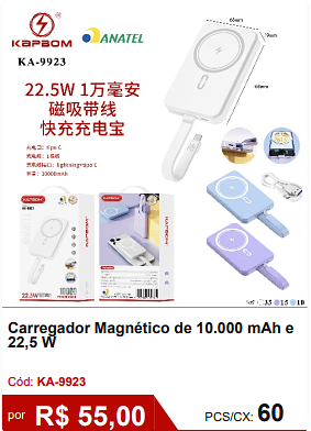 Carregador Magnético de 10.000 mAh e 22,5 W R$ 49.50 PCS/CX: 60