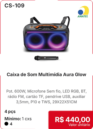 Caixa de Som Multimidia Aura Glow 4 pçs R$ 440,00