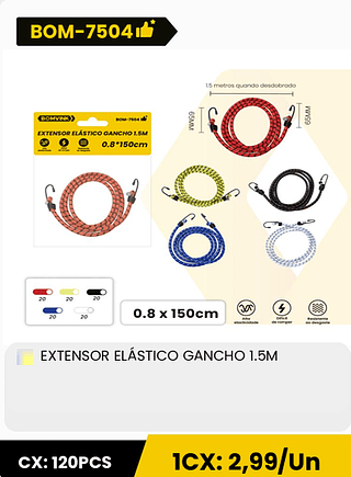 EXTENSOR ELÁSTICO GANCHO 1.5M CX: 120PCS 1CX: 2,99/Un