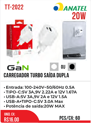 Carregador TURBO SAÍDA DUPLA 60pç=16$