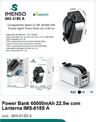 Power Bank 60000mAh 22.5w com Lanterna R$108 PC/CX 20