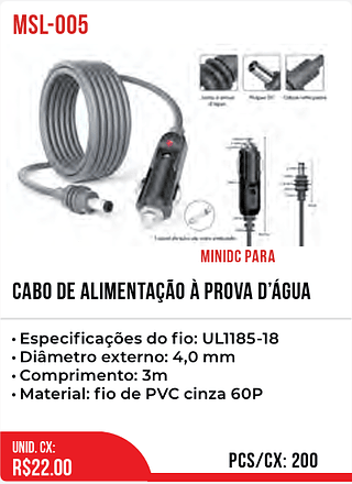 Cabo De Alimentação Á Prova D’água 200PÇ=22$