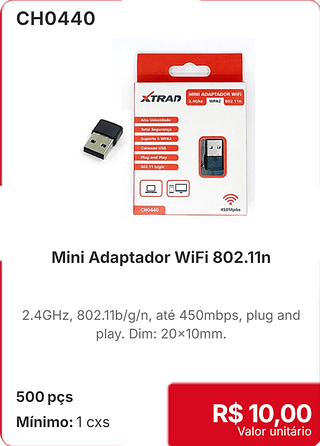 Mini Adaptador WiFi 802.11n 500 pçs R$ 10,00