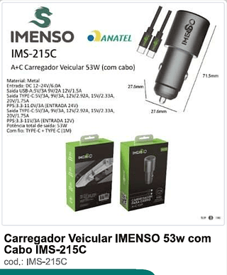 Carregador Veicular IMENSO 53w com Cabo 100PC/CX R$22,5