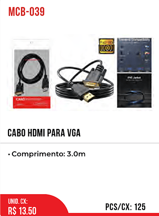 Cabo HDMI Para VGA 125pç=13,5$