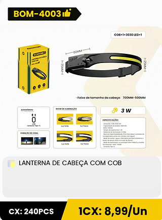 LANTERNA DE CABEÇA COM COB CX: 240PCS 1CX: 8,99/Un