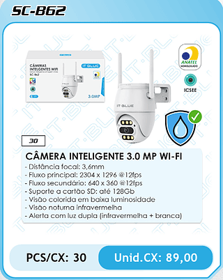 CÂMERA INTELIGENTE 3.0 MP WI-FI PCS/CX: 30 Unid.CX: 89,00
