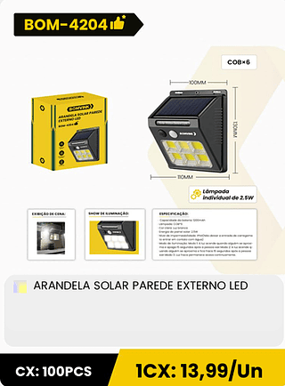 ARANDELA SOLAR PAREDE EXTERNO LED CX: 100PCS 1CX: 13,99/Un