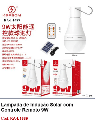 Lâmpada de Indução Solar com Controle Remoto 9W R$ 25,2 PCS/CX: 50