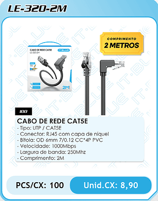 CABO DE REDE CAT5E - Tipo: UTP / CAT5E - Conector: RJ45 com capa de níquel - Bitola: OD 6mm 7/0.12 CC*4P PVC - Velocidade: 1000Mbps - Largura de banda: 250Mhz - Comprimento: 2M PCS/CX: 100 Unid.CX: 8,90