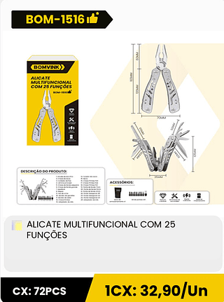 ALICATE MULTIFUNCIONAL COM 25 FUNÇÕES CX: 72PCS 1CX: 32,90/Un