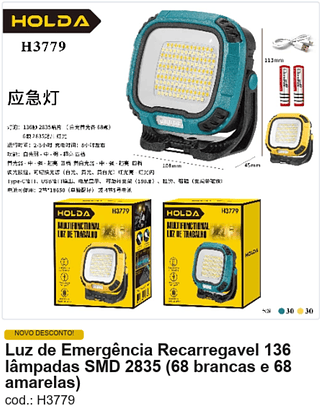 Luz de Emergência Recarregavel 136 lâmpadas SMD 2835 R$ 52,2 PC/CX:60