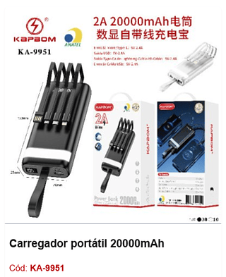 Carregador portátil 20000mAh R$54,9 PCS/CX: 40