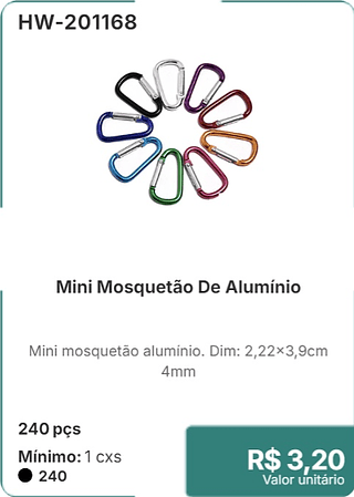 Mini Mosquetão De Alumínio 240 pçs R$ 3,20